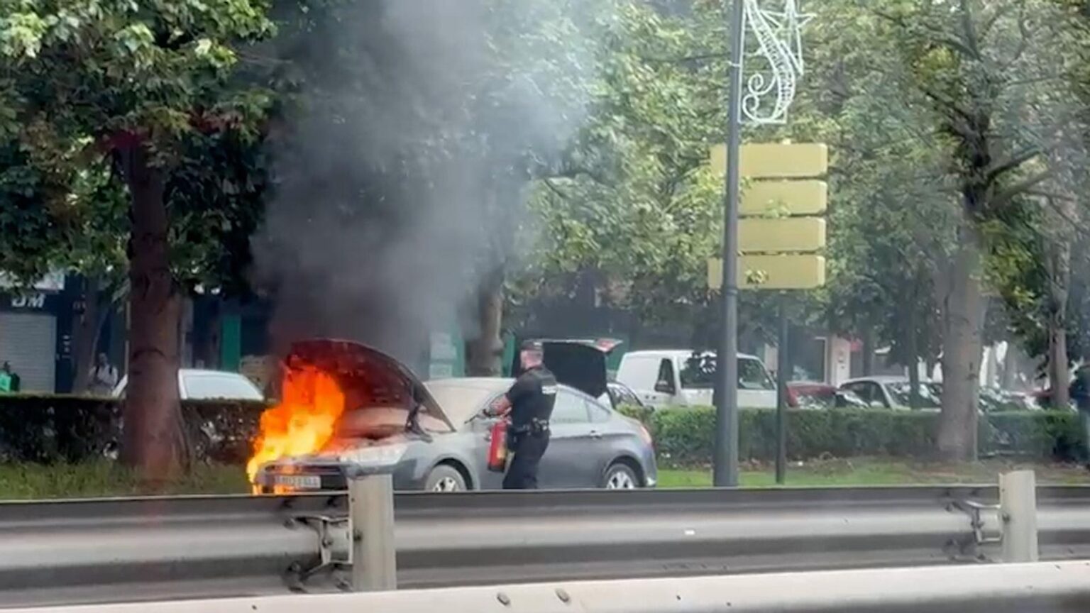 Coche se incendia en plena avenida de Catalunya en Valencia: La rápida intervención policial evitó que las llamas se extendieran a otros vehículos